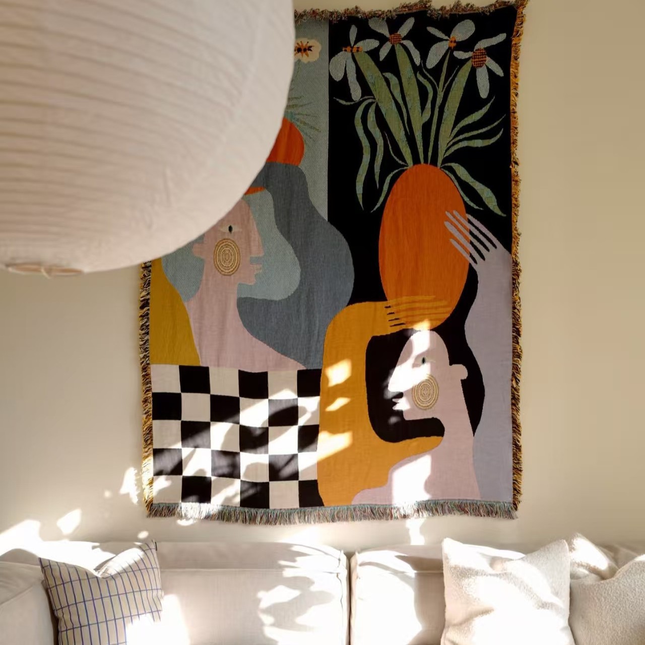 Boho Throw Blanket Fringe - Tapeçaria de Arte Abstrata Moderna Boho,