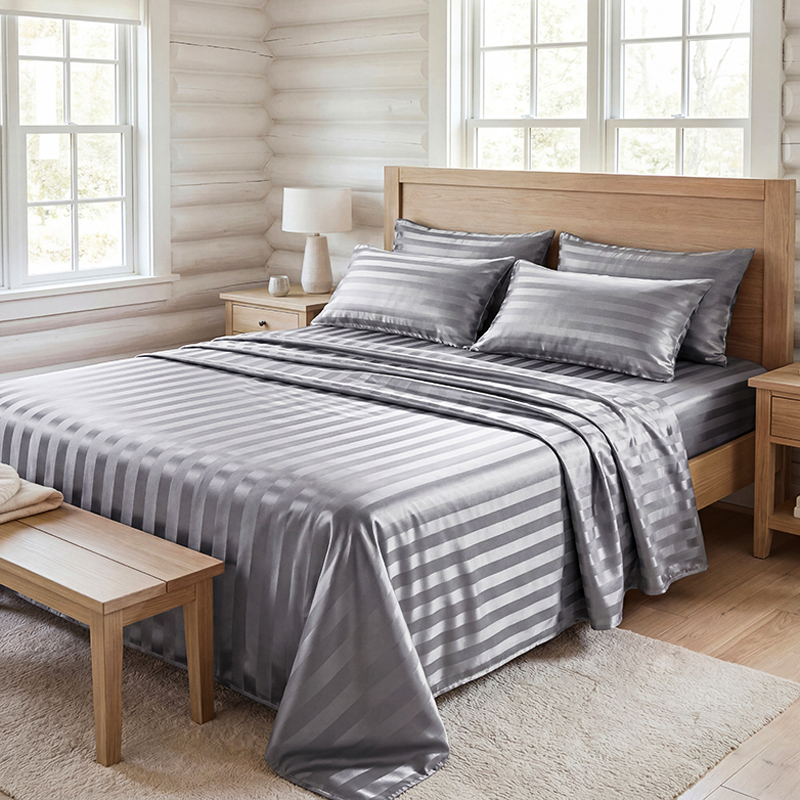 Fitted Bed Sheets Deep Pocket - Conjunto de Lençóis de Cetim Listrado